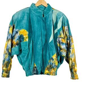 Vintage 80s Julian K Suede Leather Snakeskin Jacket Full Zip Teal Long Slv - M